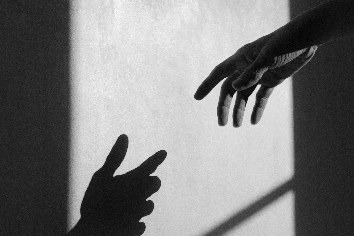 Black-and-white photo of a hand and its shadow reaching toward each other on a wall