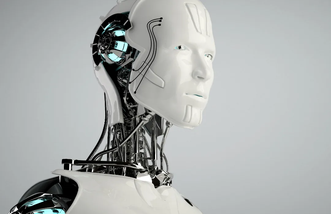 Side profile of a white humanoid robot head with visible mechanical parts
