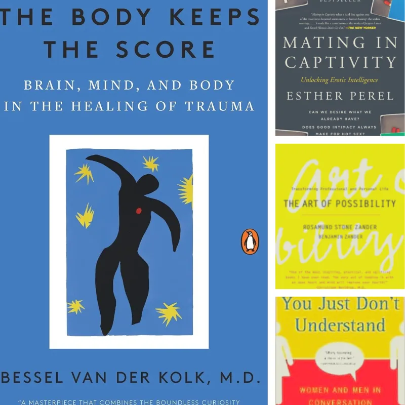 Book covers including The Body Keeps the Score and Mating in Captivity
