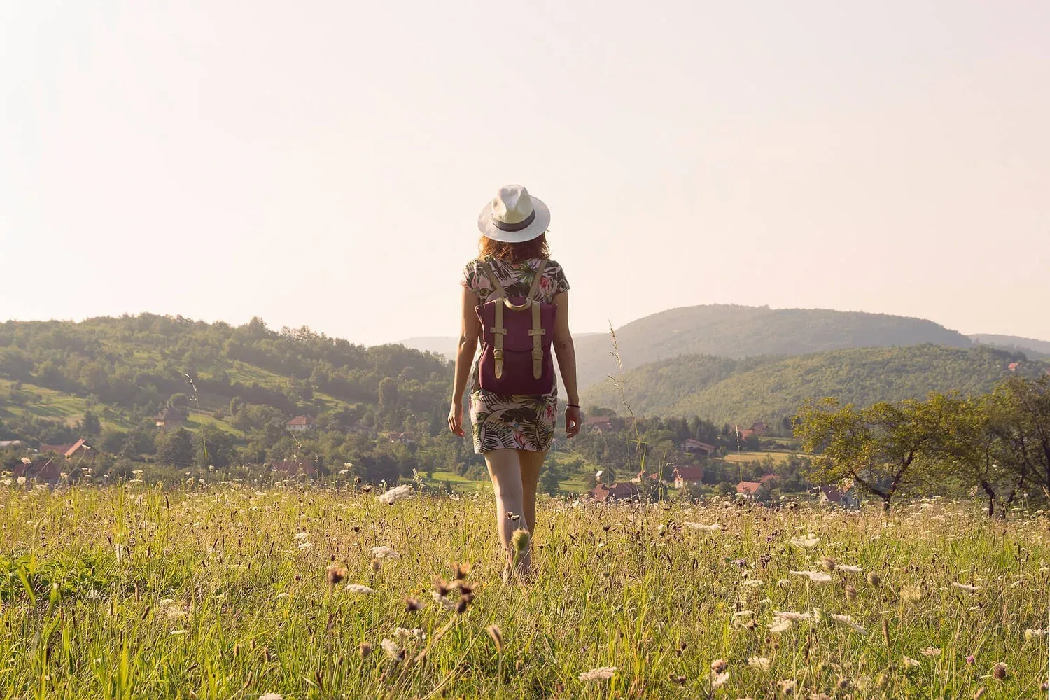 Person walking alone through a sunlit meadow toward distant hills