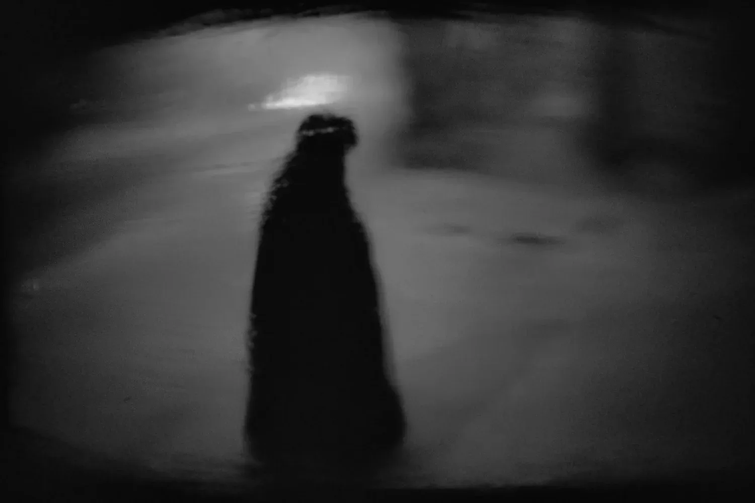 Blurred silhouette of a person walking alone at night