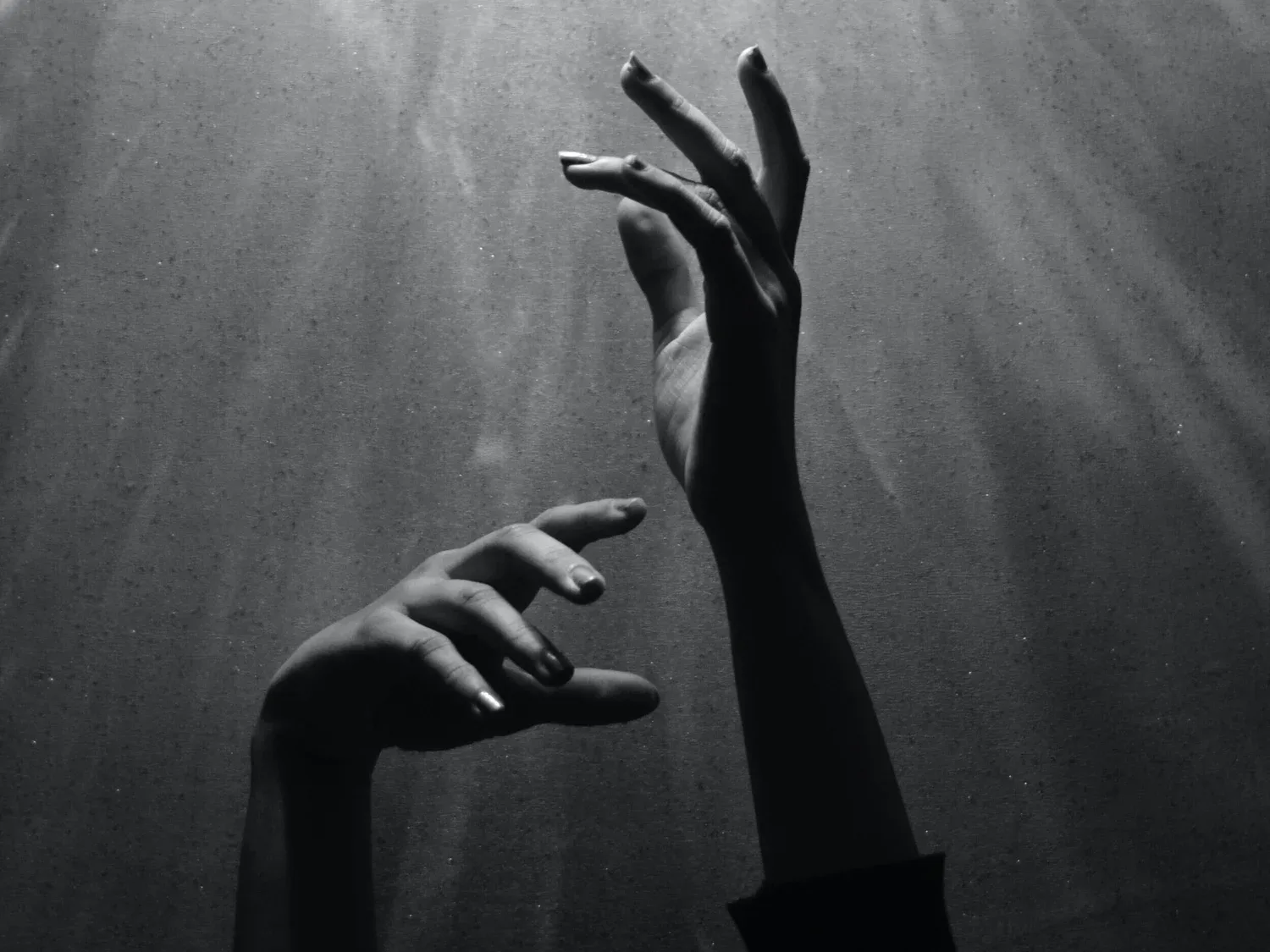 Black-and-white photo of hands reaching upward in soft light
