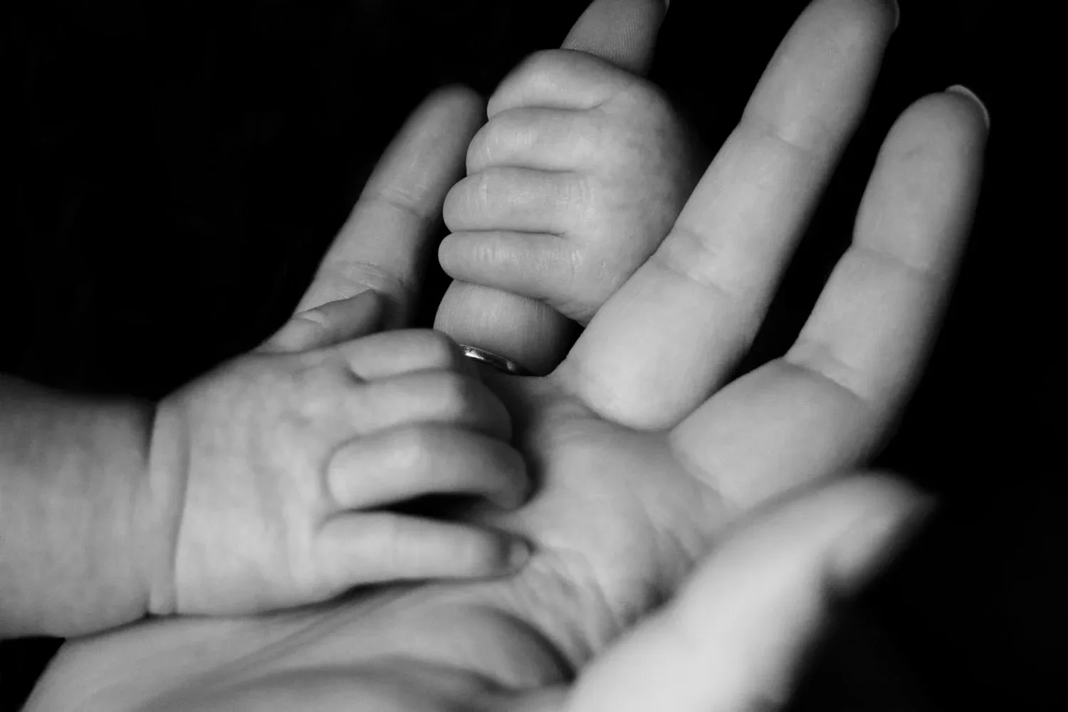 Black-and-white close-up of a baby’s hand gripping an adult’s fingers