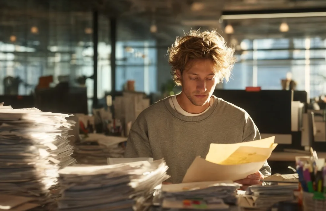 Young man reading a document at a desk piled with papers in an office
