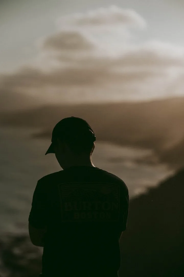 Silhouette of a person in a cap looking out over a hazy landscape