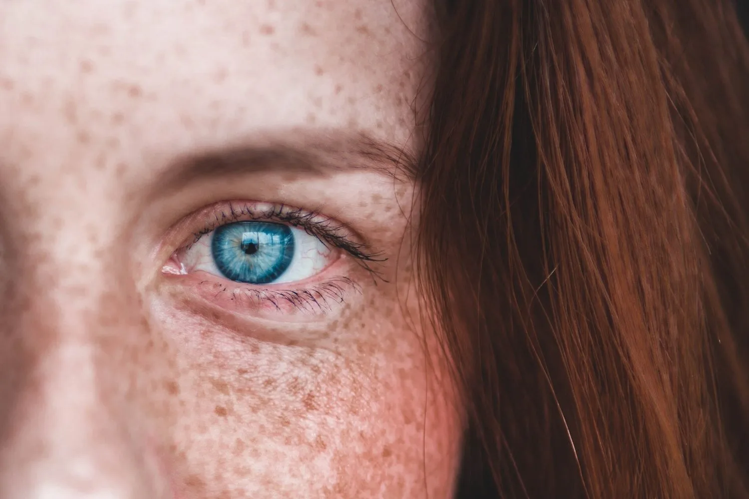 Close-up of a blue eye and freckled skin framed by red hair