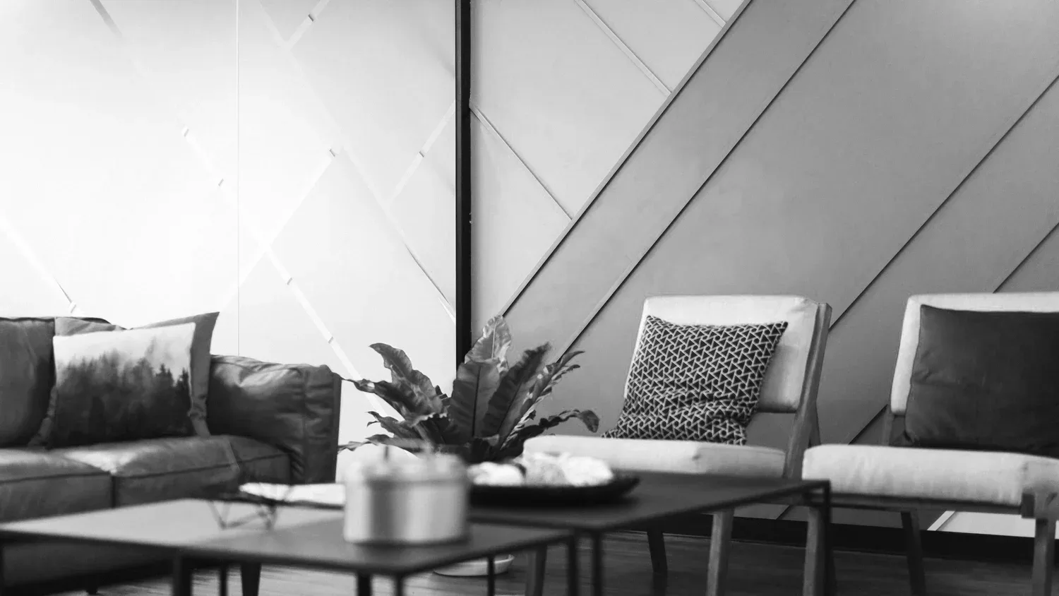 Black-and-white photo of a modern living room with a sofa